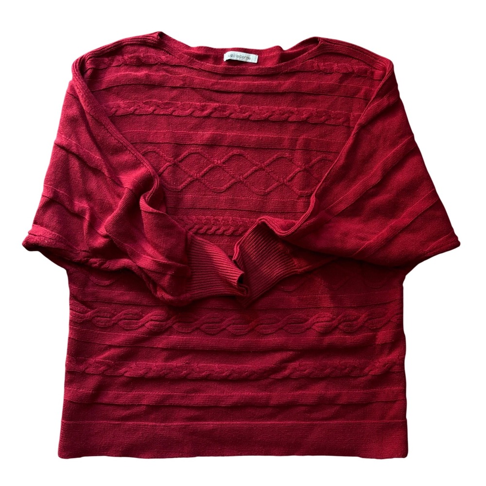 Liz Claiborne Sweater Womens Red Cable Knit Boat Neck Dolman Sleeve Pullover